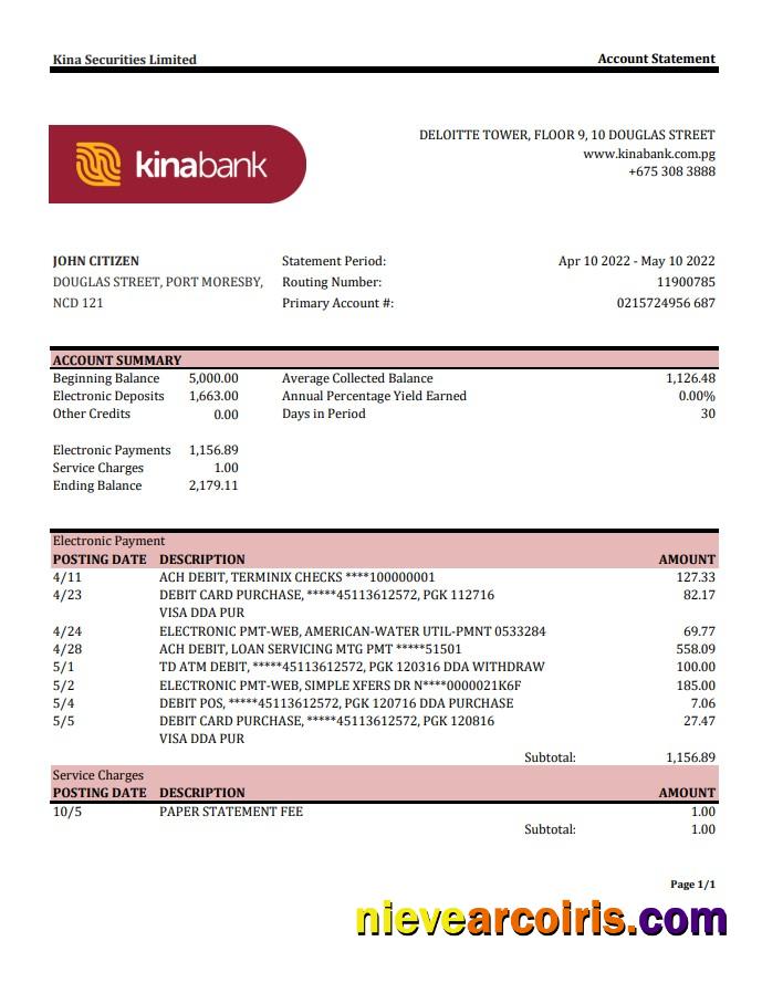 Papua New Guinea Kina Securities Limites bank statement